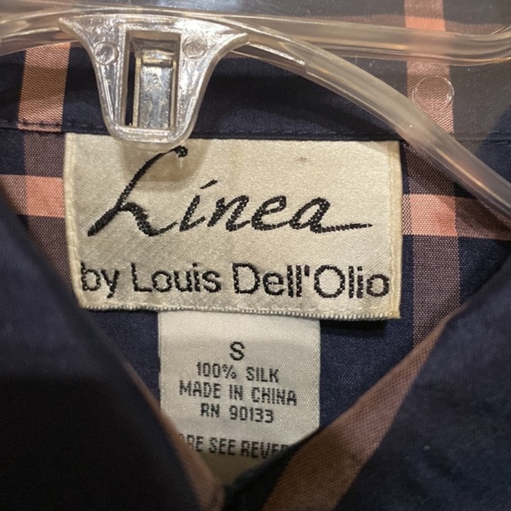 100% silk navy blue and pink plaid squares button down top Linea Louis D… - Picture 3 of 3